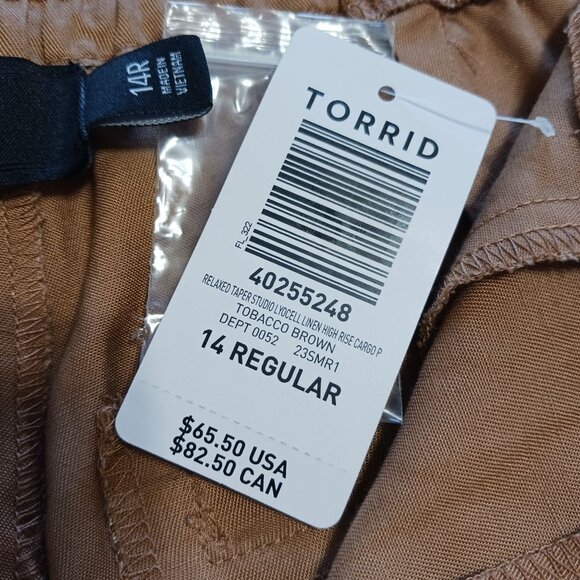 Torrid Relaxed Taper Studio Linen High Rise Cargo Pants Tobacco Brown 14R NWT - Picture 9 of 15